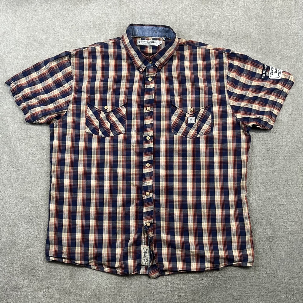 Akoo Shirt XXL Mens Blue Orange Plaid Short Sleeve Button Down Cotton Streetwear